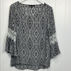Zac & Rachel Womens Tunic L Black Cream Long Sleeves w/Crochet Abstract Print EU